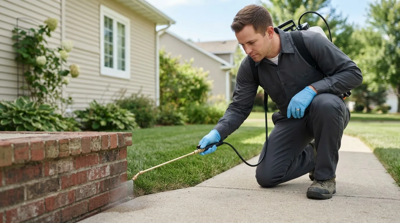 Pest control technician treating a home near Tekonsha, MI