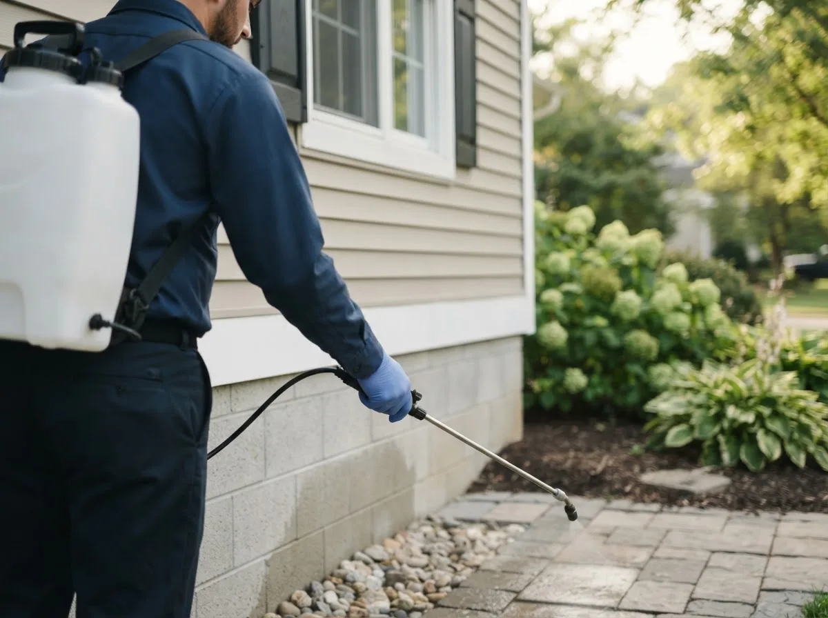 Pest control technician inspecting a home in Tekonsha, MI